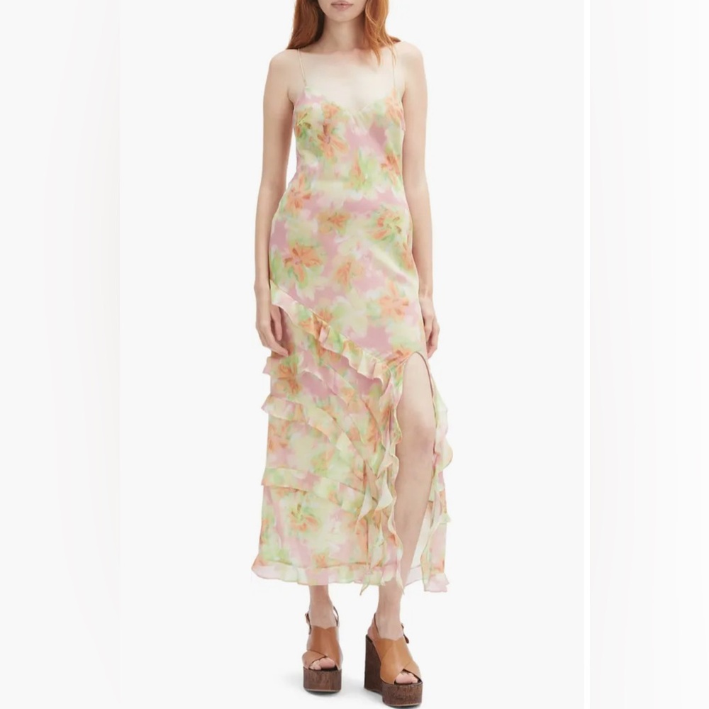 NWT Bardot Cantara Ruffle Trim Pink & Green Floral Maxi Dress Size 10